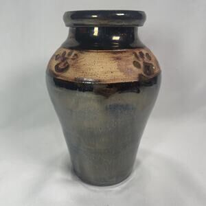 Paw Print Dog URN Clay W/Dark Blue Glaze Dog Paws Pet Cremation Ashes URN